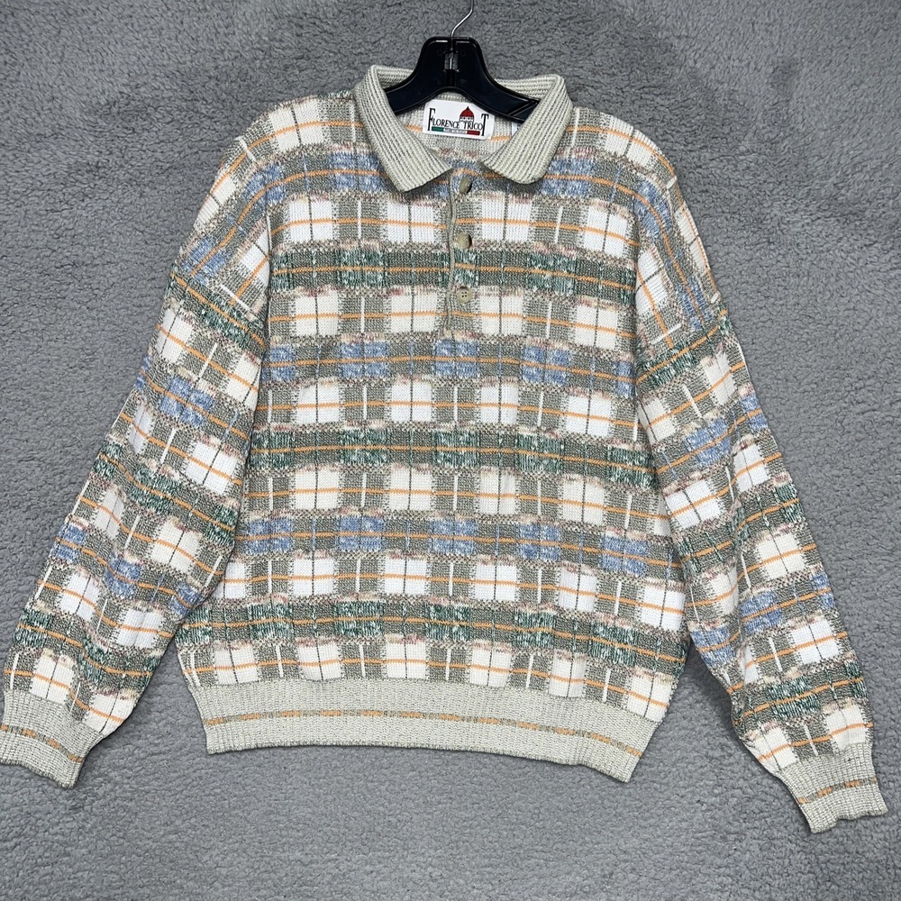 VTG Florence Tricot Sweater Men's Sz L Plaid 3D Textured Coogi Collared Pullover